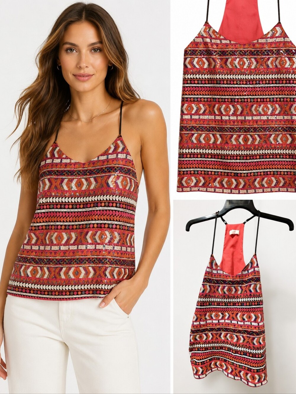 Nell Womens Sequin Geometric Racerback Camisole Top Y2k Bohemian‎ Sparkle Size S